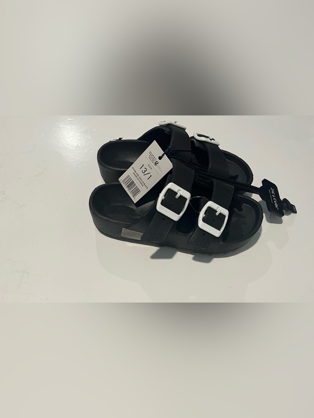 Kids Black Double-Buckle Slide Sandals with White Buckles